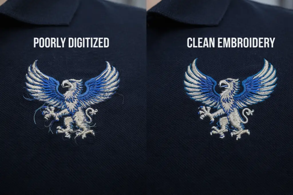 Professional left chest embroidery digitizing for shirts, jackets, and uniforms