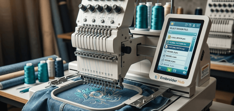 Professional multi-needle embroidery machine stitching a floral design on denim with a screen displaying DST, PES, and EXP file formats.